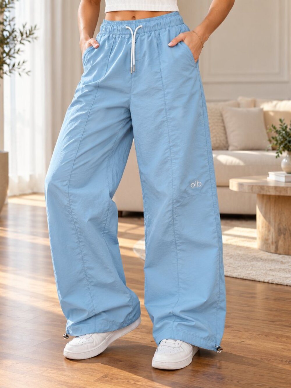 Light Blue Wide Leg Drawstring Pants Adjustable Hem Streetwear Size S